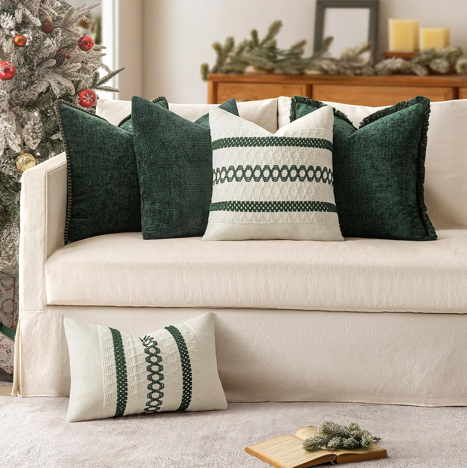 MIULEE Set of 2 Dark Green Boho Christmas Decorative Lumbar Pillow Covers 12x20 Inch Farmhouse Rustic Couch Throw Pillows Modern Cotton…