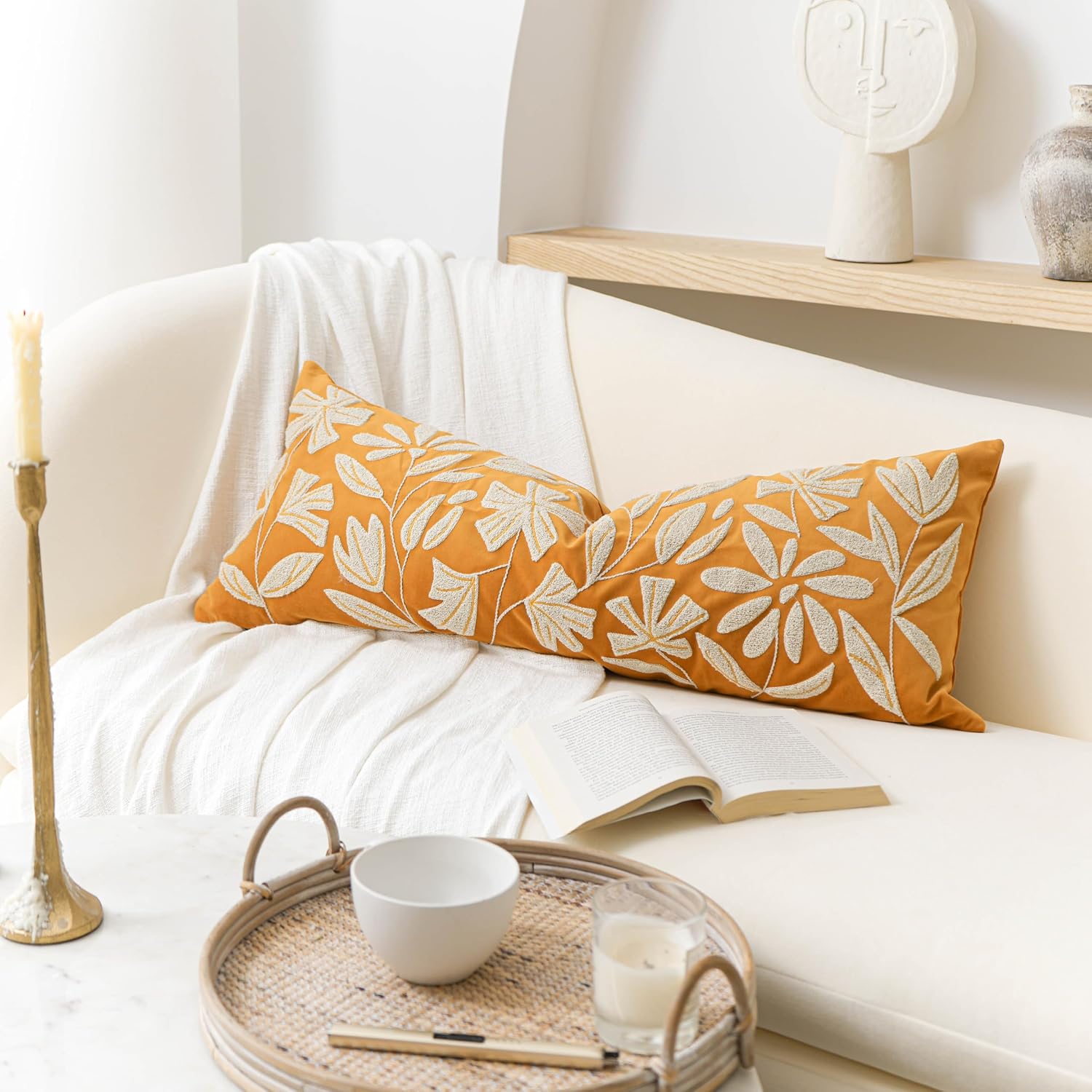 BlissBlush 14x36 Lumbar Pillow Cover for Bed, Yellow Mustard Rectangular Long Throw Pillowcase, Embroidered Velvet Floral Tufted…