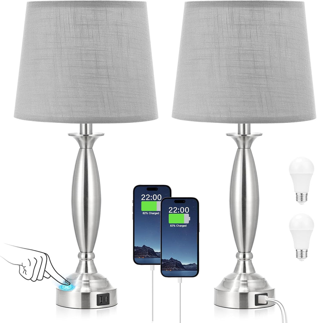 Lamps for Bedrooms Set of 2 - Touch Bedside Lamp with USB C+A, 3 Way Dimmable Nightstand Lamps with USB Port, Brushed Nickel Table Lamp…