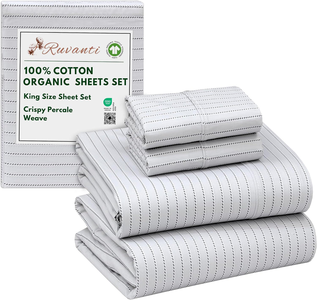 Ruvanti 100% Cotton Organic Percale Sheets King Size – Crisp Cooling Bed Sheets for Hot Sleepers, Deep Pocket 15”, Soft Peach Finish, Breat…