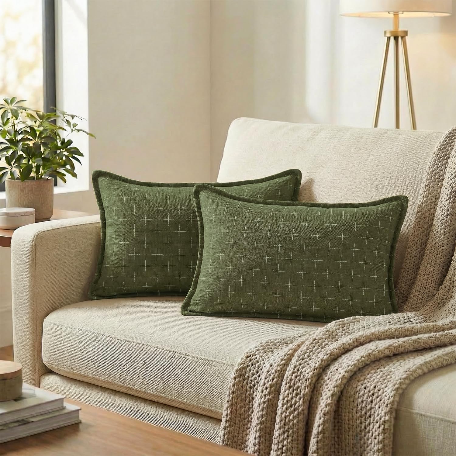 AVOINcolorlife AVOIN colorlife Pack of 2 Decorative Throw Pillow Covers 20x12 Inch, Flange Edges Woven Textured Cushion Case Home Decor for…
