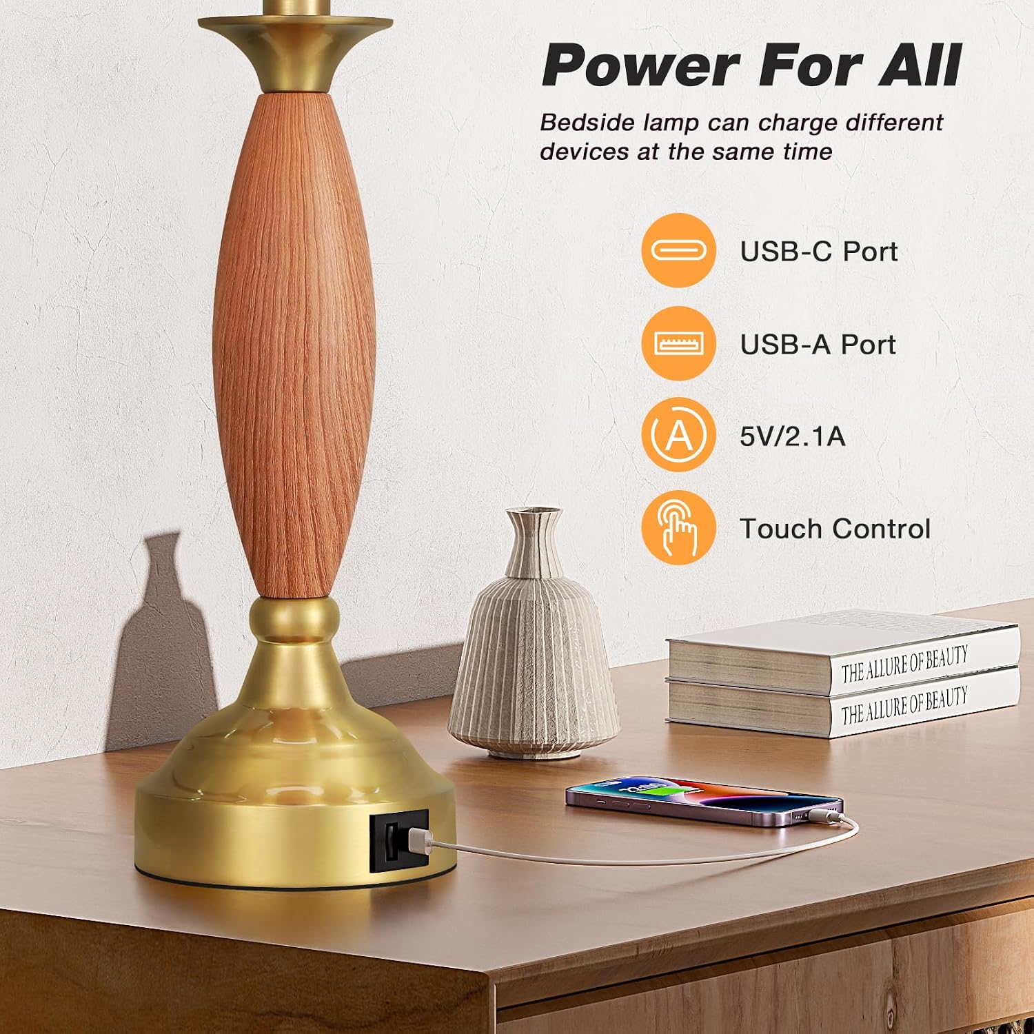 Seealle Touch Lamps for Nightstand - Bedroom Lamps Set of 2 with USB C+A, 3 Way Dimmable Contemporary Metal Wood Table Lamps for Living Room