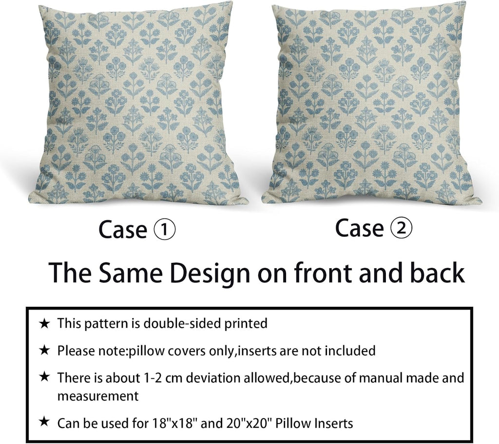 Light Blue Floral Pillow Covers 18x18 Inch Set of 2, Vintage Flower Block Print Pattern Decorative Throw Pillowcases Outdoor Farmhouse…