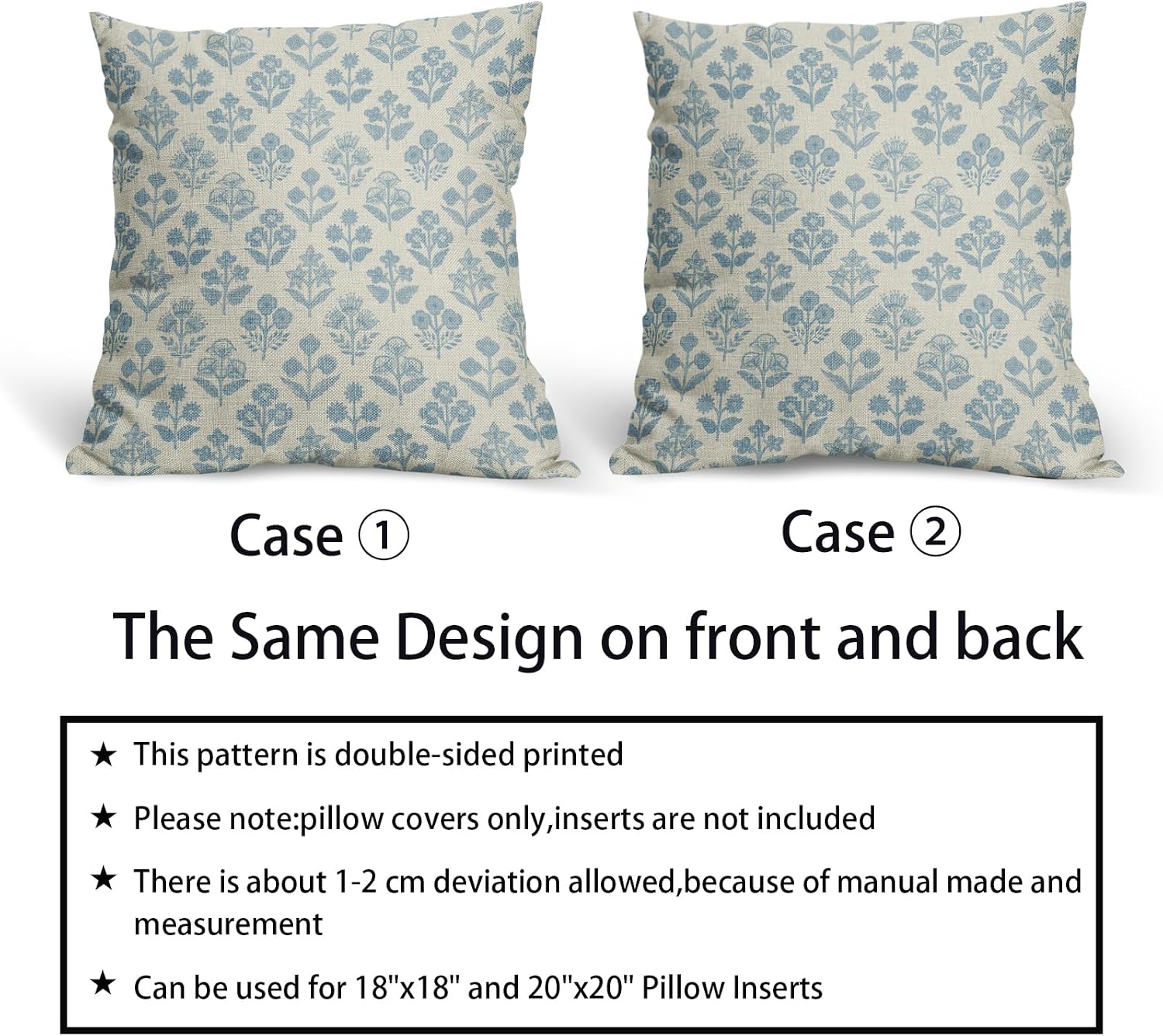 Light Blue Floral Pillow Covers 18x18 Inch Set of 2, Vintage Flower Block Print Pattern Decorative Throw Pillowcases Outdoor Farmhouse…
