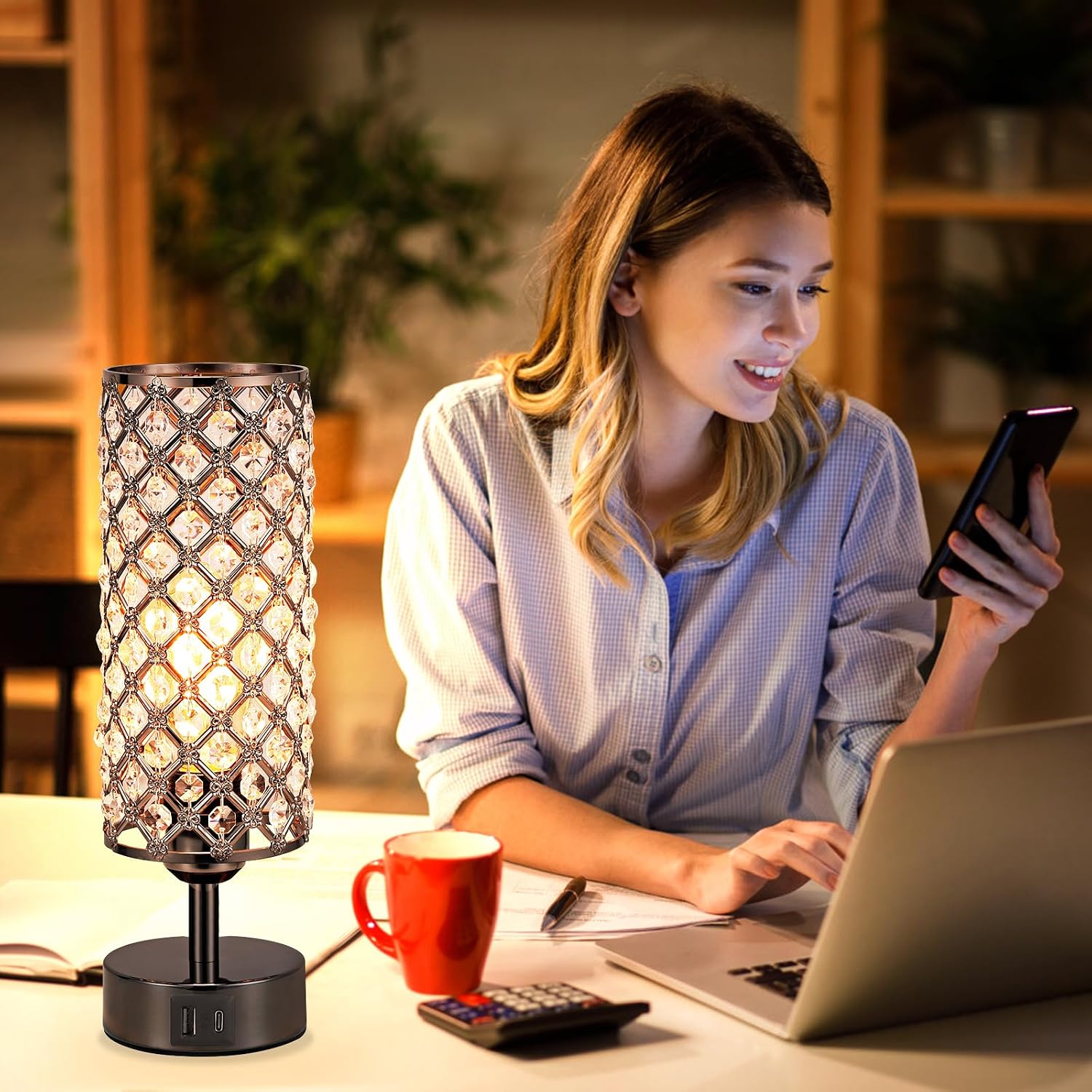 Hong-in Crystal Table Lamp, Black Lamp with USB C+A Ports, 3 Way Dimmable Light with Crystal Lampshade, Bedside Lamp Small Touch Light for…