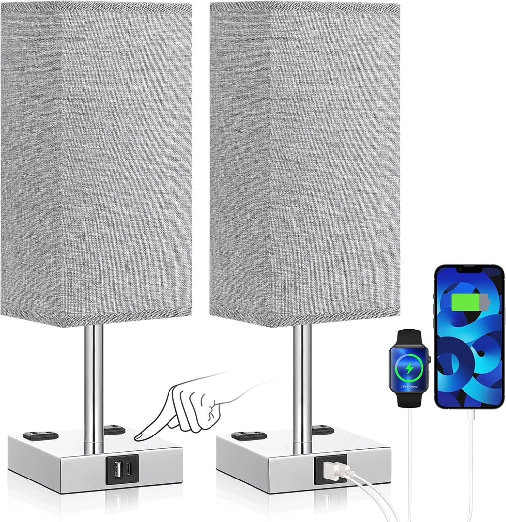 aooshine Gray Set of 2 Touch Lamps with USB Port Nightstand Lamp with USB-C+A Charge Ports & AC Outlets, 3-Way Dimmable Bedside Lamp…