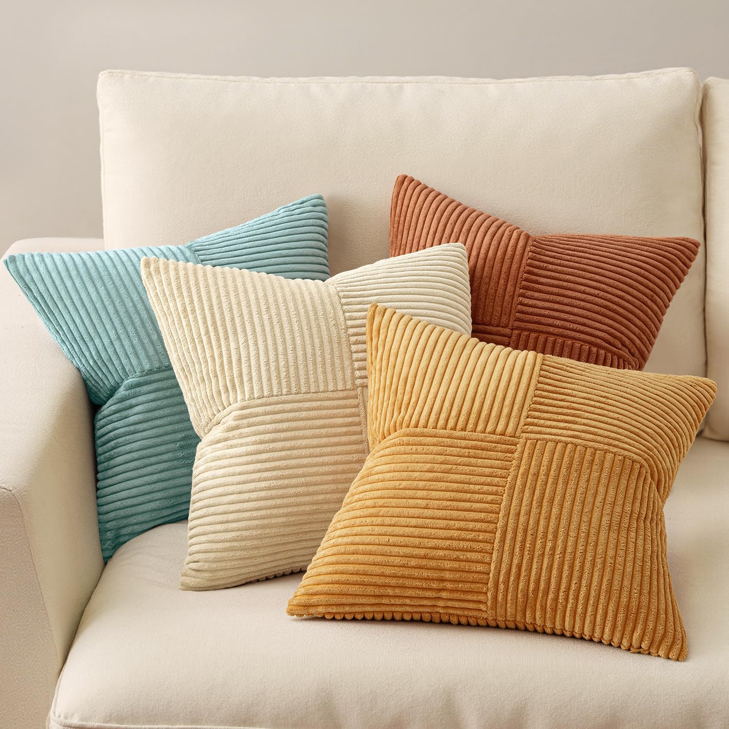 Miulee Boho Farmhouse Decorative Throw Pillow Covers 18x18 Inch 4 Packs Soft Vintage Pillow Cases Modern Corduroy Patchwork Cushion Covers…