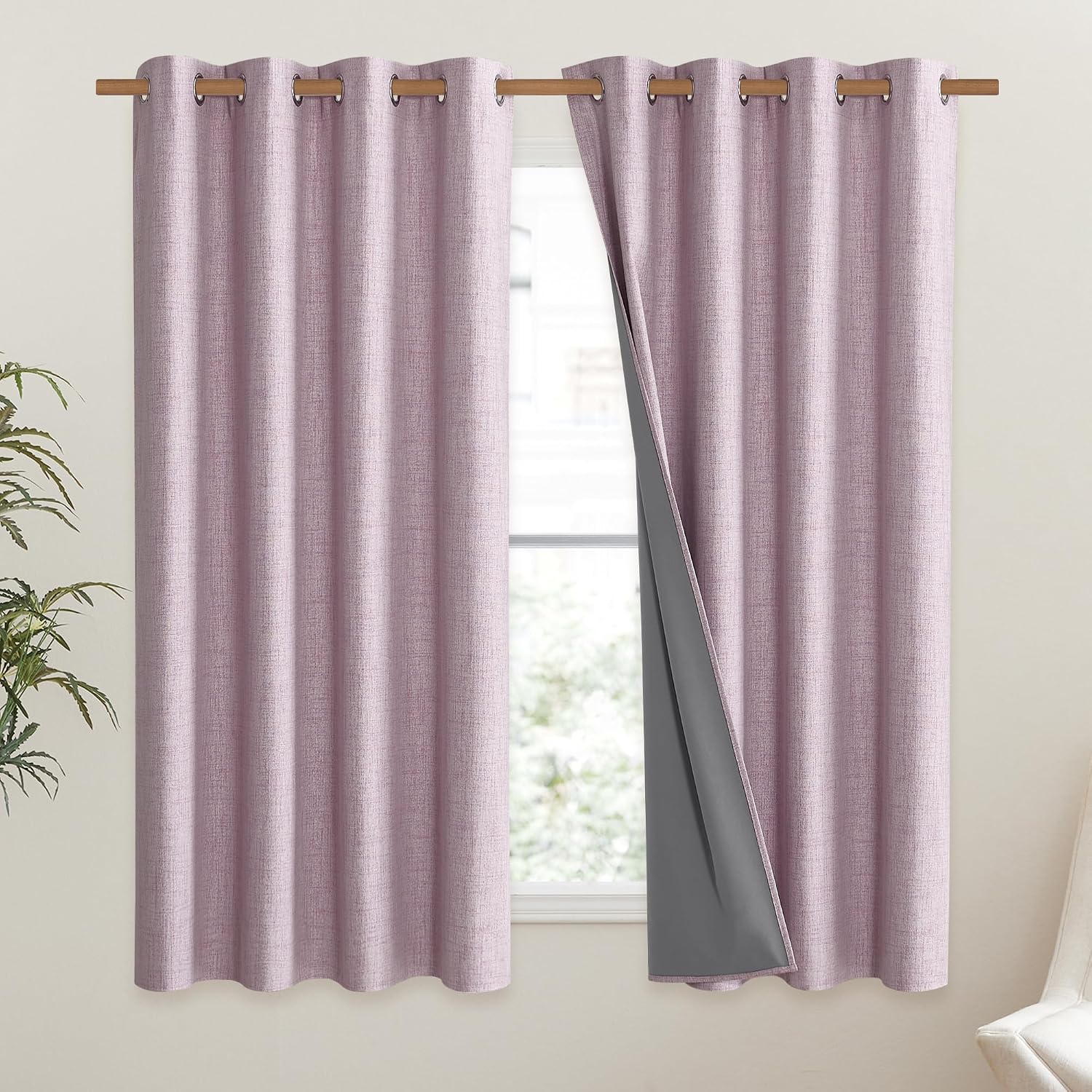 NICETOWN Pink Vintage Linen 100% Blackout Curtains for Living Room, Thermal Insulated Curtains 63" Long, Noise Reducing Window Treatment…