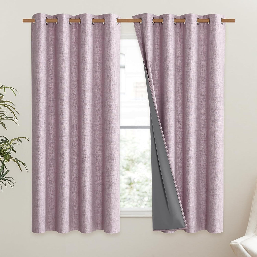 NICETOWN Pink Vintage Linen 100% Blackout Curtains for Living Room, Thermal Insulated Curtains 48" Long, Noise Reducing Window Treatment…