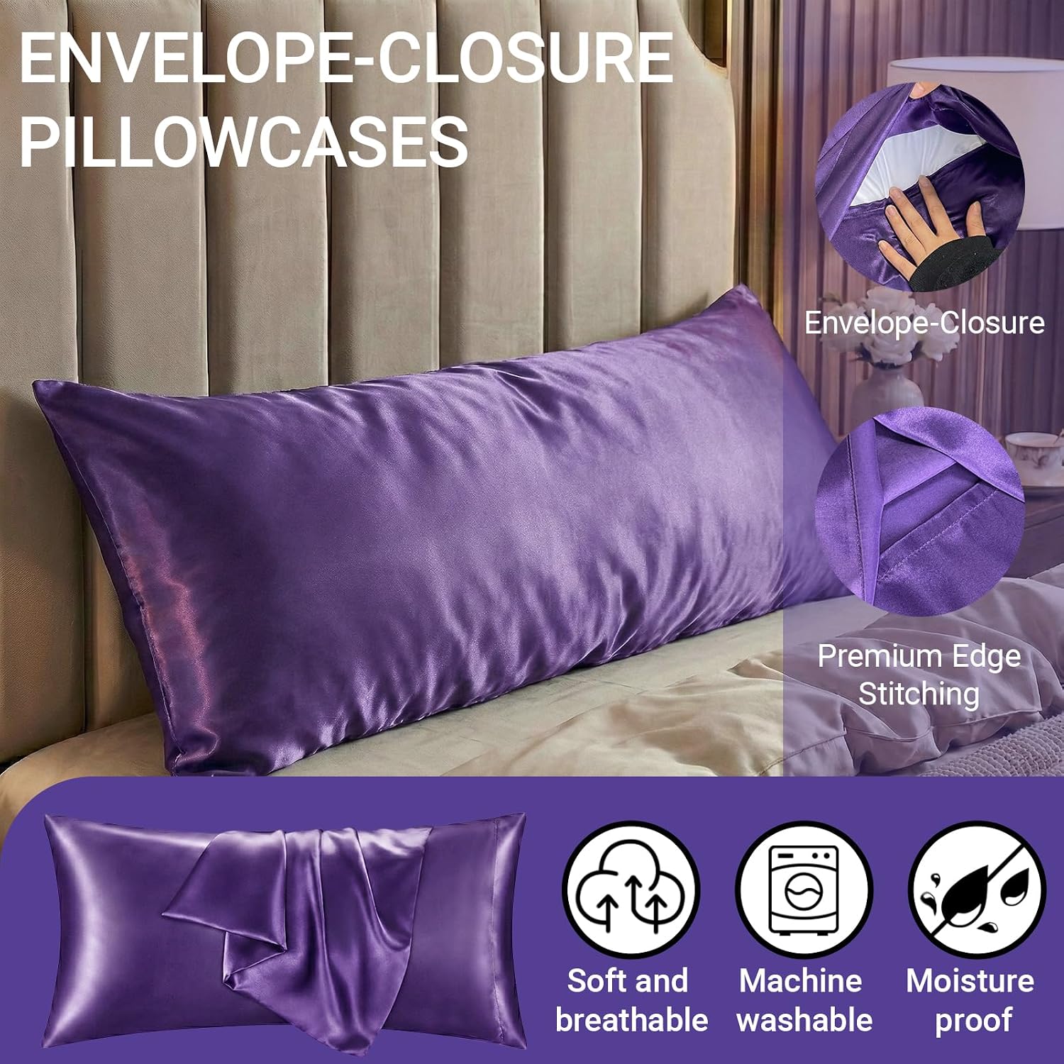 QJFabricCO Q&J Fabric Co. 1 Pack Satin Pillowcase Silk Like Pillowcase 20x54 inch Purple Cooling Pillowcase with Envelope Closure for Hair…