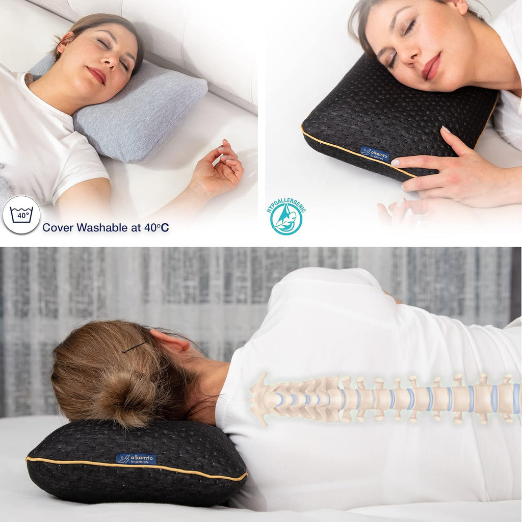 alkamto Travel & Camping Comfortable Memory Foam Pillow – Easy to Carry Portable Bag – Temperature Regulating Pillow Case (Black + Extra…