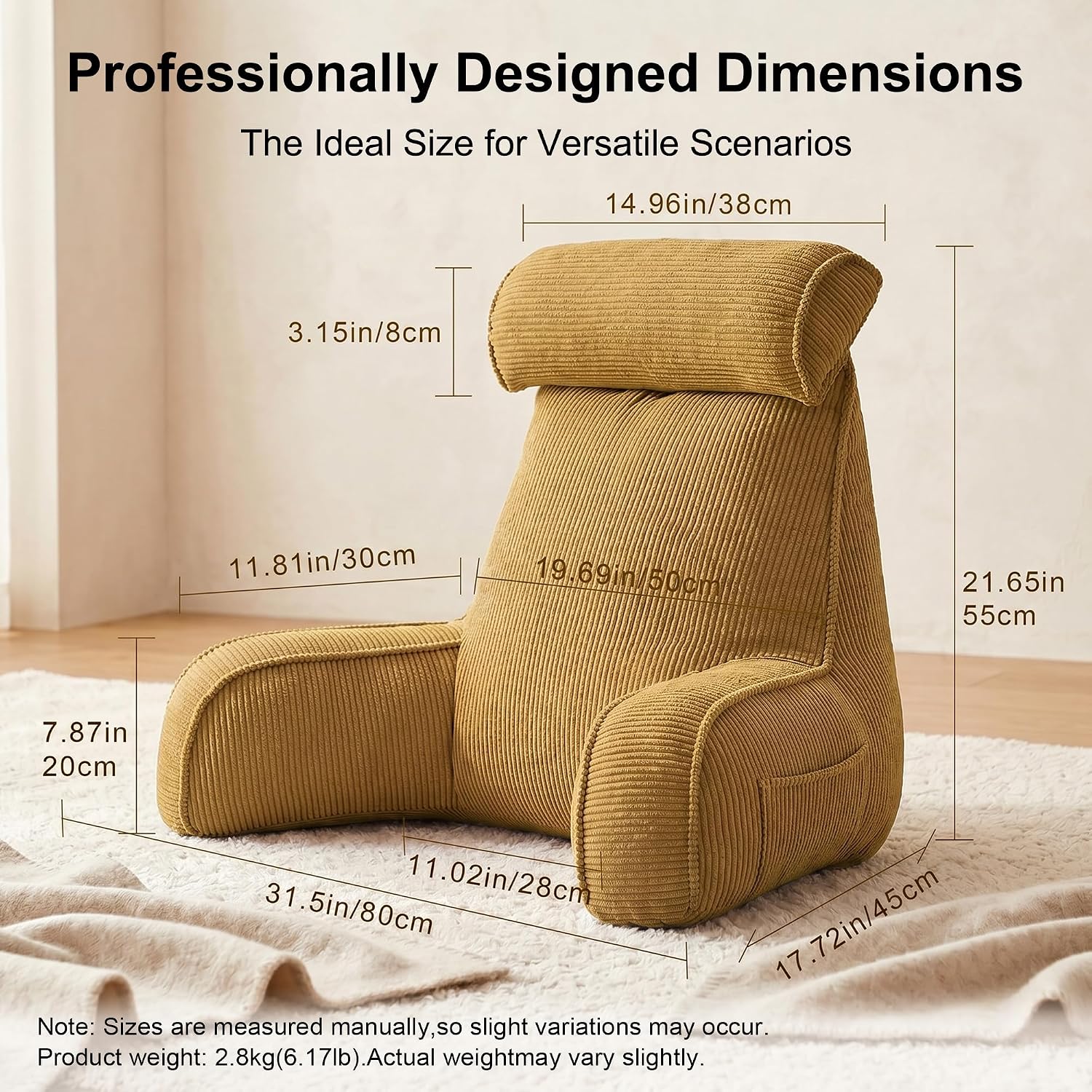 Ailuteie Bed Rest Reading Pillow, Backrest Pillow with Arms, Corduroy Back Support Cushion with Side Pockets & Washable Cover, for Sitting…