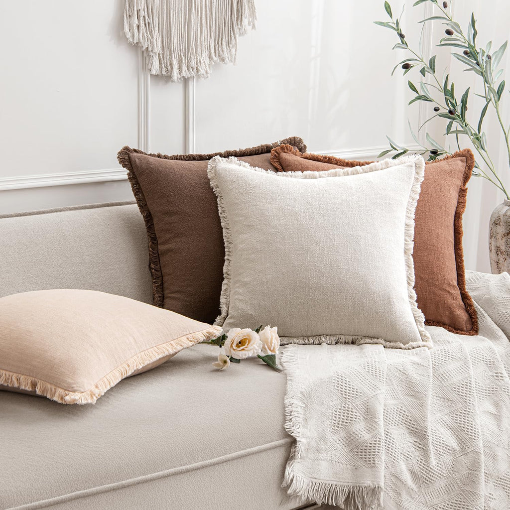 Anroduo Set of 2 Decorative Throw Pillow Covers 24×24 Inch Soft Linen Fringe Farmhouse Boho Vintage Cushion Covers with Tassels Accent Pill…