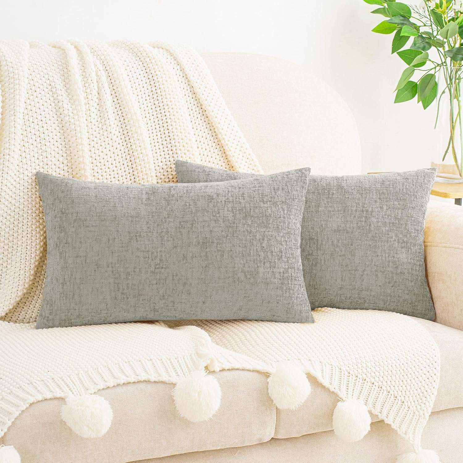Hwy50 HWY 50 Gray Lumbar Pillow Covers 12x20 Inch Pack of 2, Soft Chenille Decorative Throw Pillow Covers Farmhouse for Couch Sofa Living R…