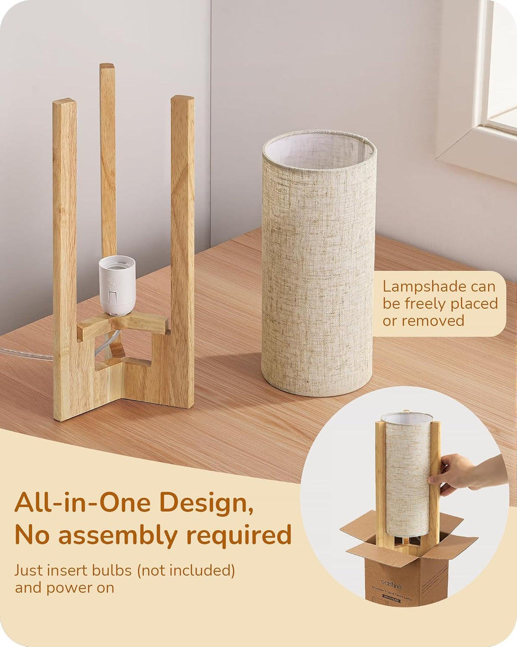 EDISHINE Small Wood Table Lamp, 13.5" Modern Bedside Lamp, Beige Linen Shade, Natural Wood Cylinder Nightstand Lamp for Bedroom Living…