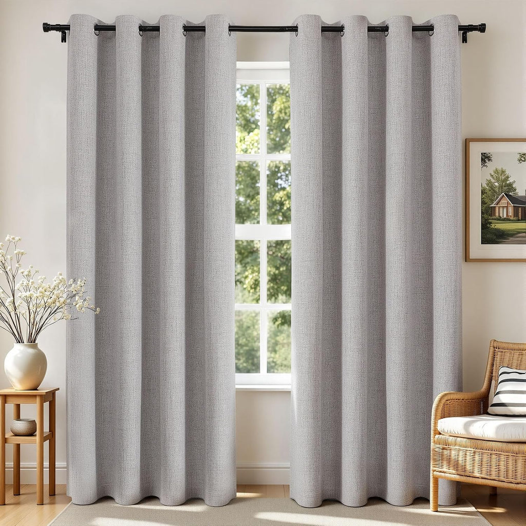 Joydeco 100% Blackout Linen Curtains 90 Inches Long 2 Panels, Thermal Insulated Burlap Curtain & Drapes, Grommet Room Darkening Textured…