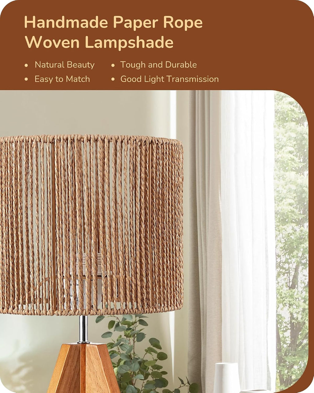 EDISHINE Small Rattan Table Lamp, Wood Tripod Bedside Lamp, Boho Nightstand Lamp for Living Room, End Table, Office, E26 Base, Natural Style