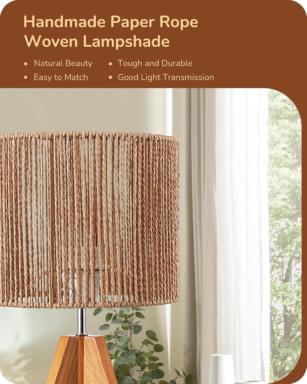 EDISHINE Small Rattan Table Lamp, Wood Tripod Bedside Lamp, Boho Nightstand Lamp for Living Room, End Table, Office, E26 Base, Natural Style