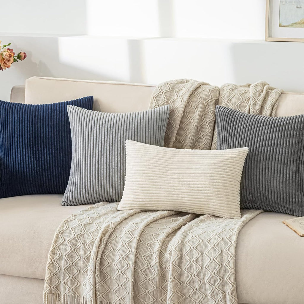 Softalker Throw Pillow Covers 18 x 18, Set of 2 - Cream Spring Decorative Soft Corduroy Striped Boho Beige Pillow Covers, White Cushion Pil…