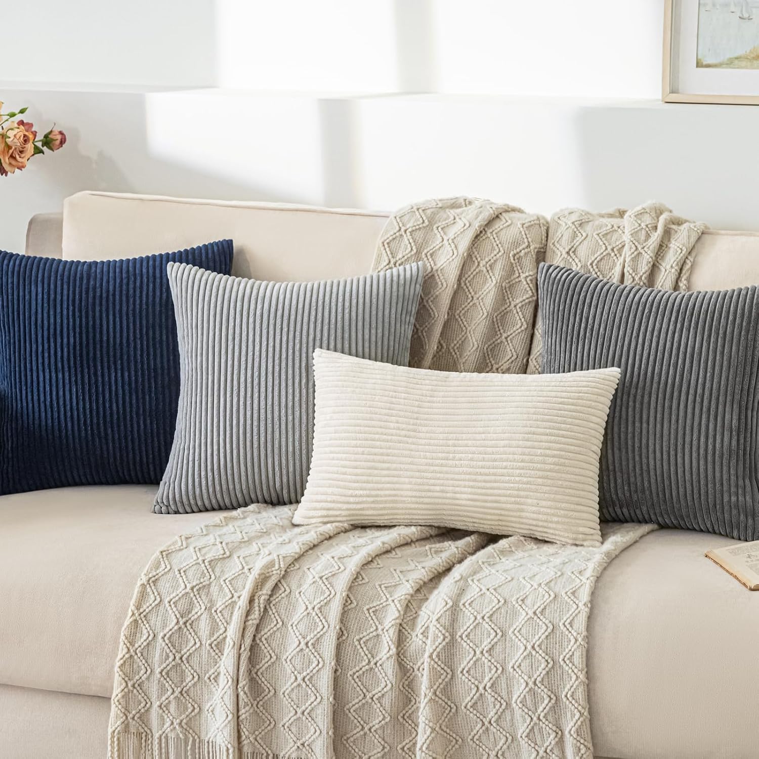 Softalker Throw Pillow Covers 18 x 18, Set of 2 - Cream Spring Decorative Soft Corduroy Striped Boho Beige Pillow Covers, White Cushion Pil…