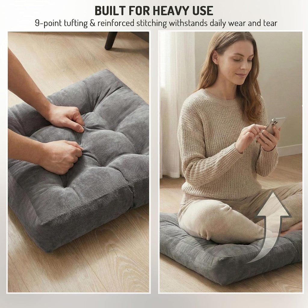 Degrees of Comfort Meditation Floor Pillow, Square Large Pillows Seating for Adults, Gray Tufted Corduroy Cushions for Yoga Reading Nook…