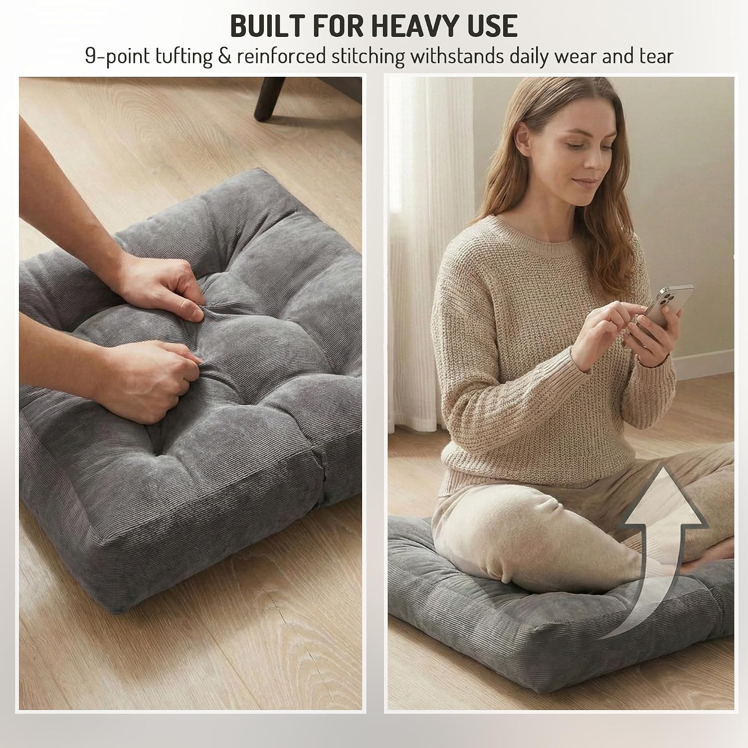 Degrees of Comfort Meditation Floor Pillow, Square Large Pillows Seating for Adults, Gray Tufted Corduroy Cushions for Yoga Reading Nook…