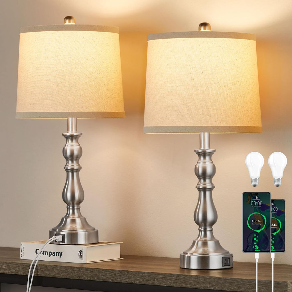 Farmhouse Side Table Lamps for Living Room Set of 2 with USB C+A Ports, Bedside Lamp for Bedroom, Dining Room Decor, Office, End Table…