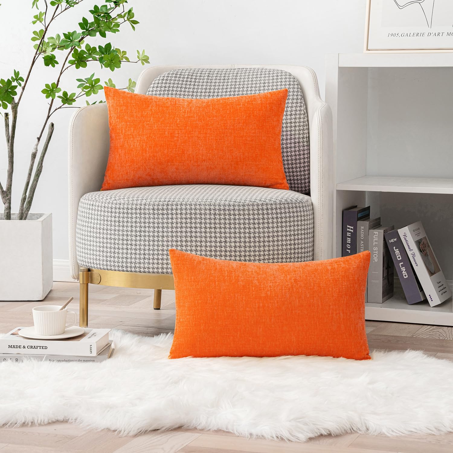 Miulee Pack of 2 Bright Orange Throw Pillow Covers 12x20 Inch Soft Chenille Lumbar Pillow Covers for Sofa Living Room Couch Solid Dyed Cases