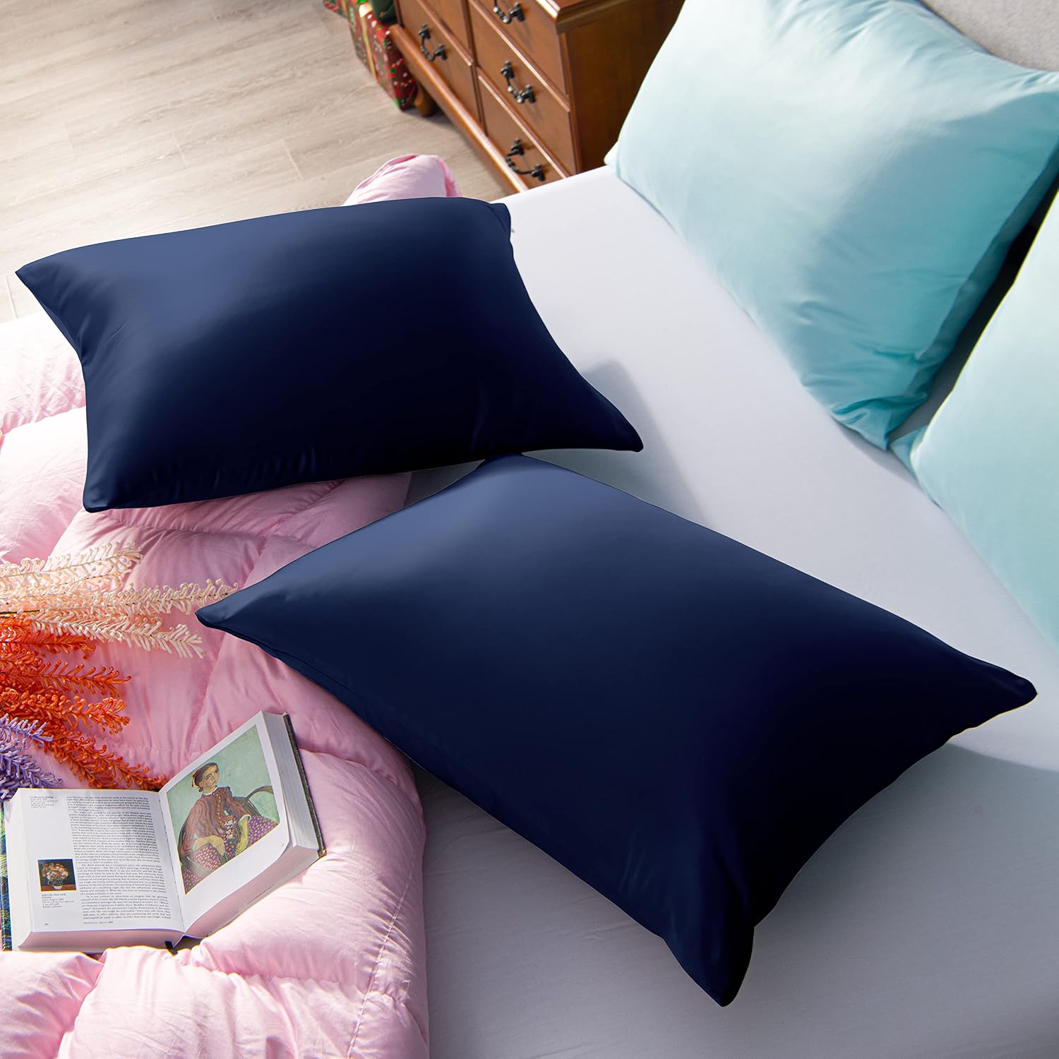 Ntbay Zippered Satin Pillow Cases for Hair and Skin, Luxury King Hidden Zipper Pillowcases Set of 2, 20x36 Inches, Navy Blue 36 Inches Blue