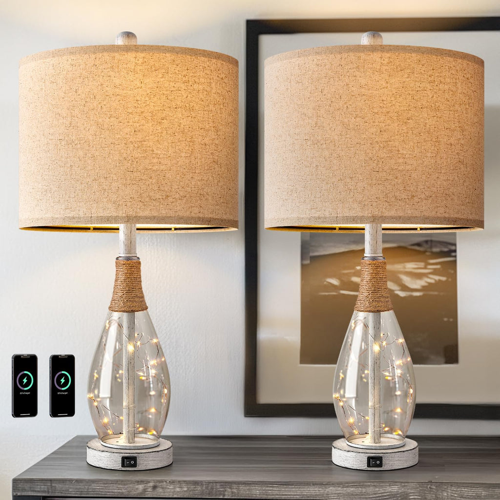 OYEARS 23" Table Lamps for Living Room Set of 2 Bedside Lamps for Night Stands Bedroom Lamps Farmhouse Rattan Boho Lamp Glass Nightlight…