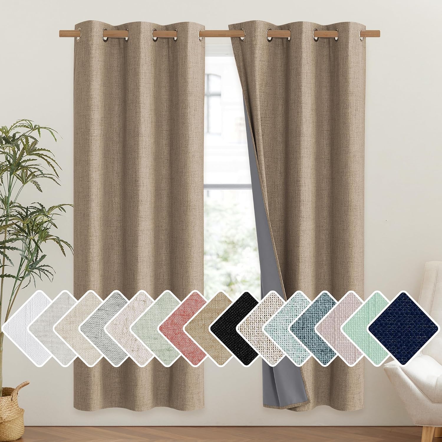 NICETOWN Burlap Vintage Open Linen Weave Flax Thermal Curtains, 100% Blackout Curtains 72" Long for Dining Room, Soundproof Window…