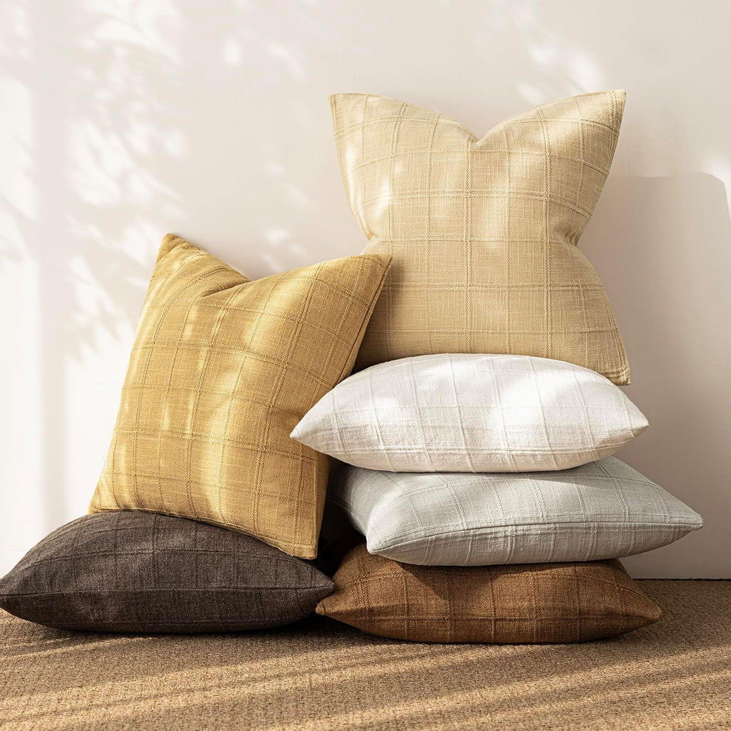 Foindtower Set of 1 Decorative Linen Check Throw Pillow Cover Neutral Farmhouse Vintage Cushion Cover Modern Boho Accent Home Decor for…