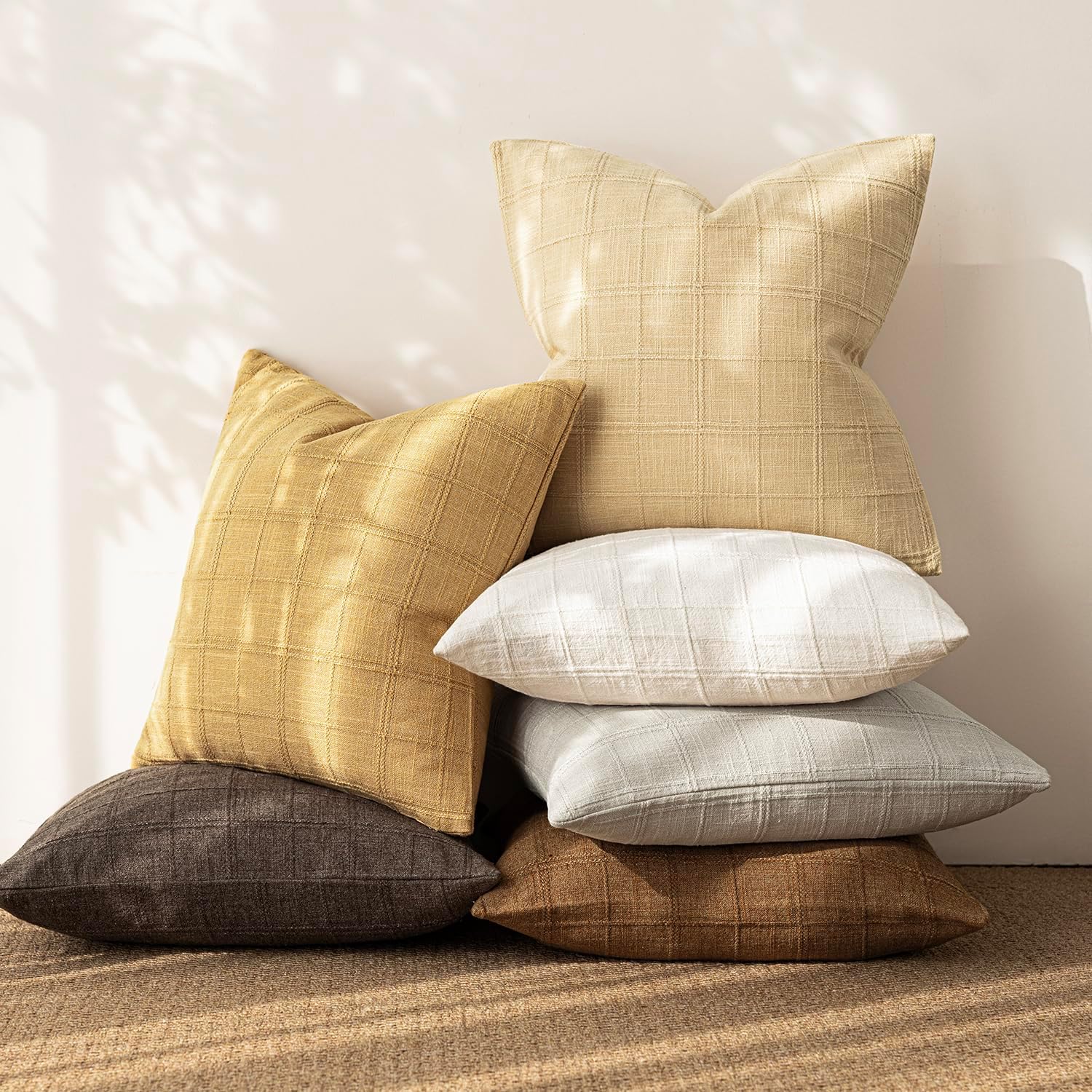 Foindtower Set of 1 Decorative Linen Check Throw Pillow Cover Neutral Farmhouse Vintage Cushion Cover Modern Boho Accent Home Decor for…