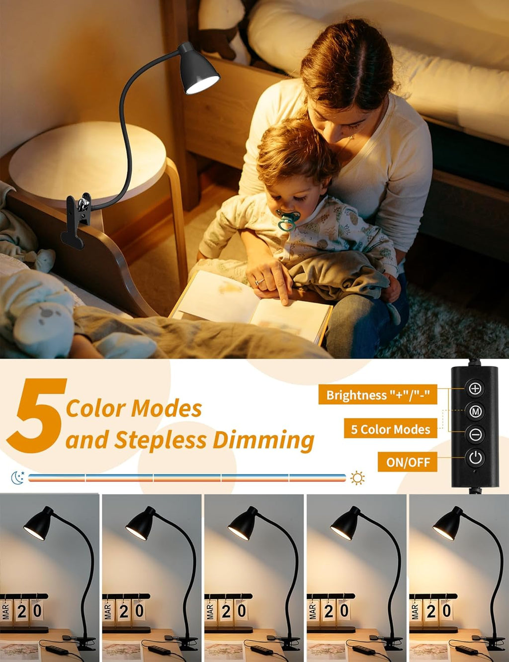 Bohon Desk Lamp 5 Color Modes 10 Brightness Dimmer Reading Light 10W 38 LED Clamp Lamp with Auto Off Timer 360° Flexible Neck Clip on Light…