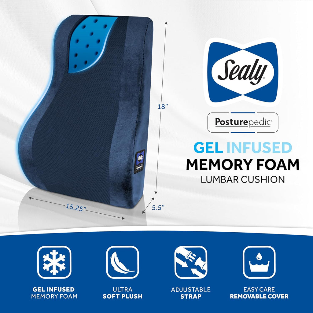 Sealy High Back Memory Foam Lumbar Support Pillow for Office Chair or Gaming Chair, Orthopedic Back Pillow for Car Seat, Navy