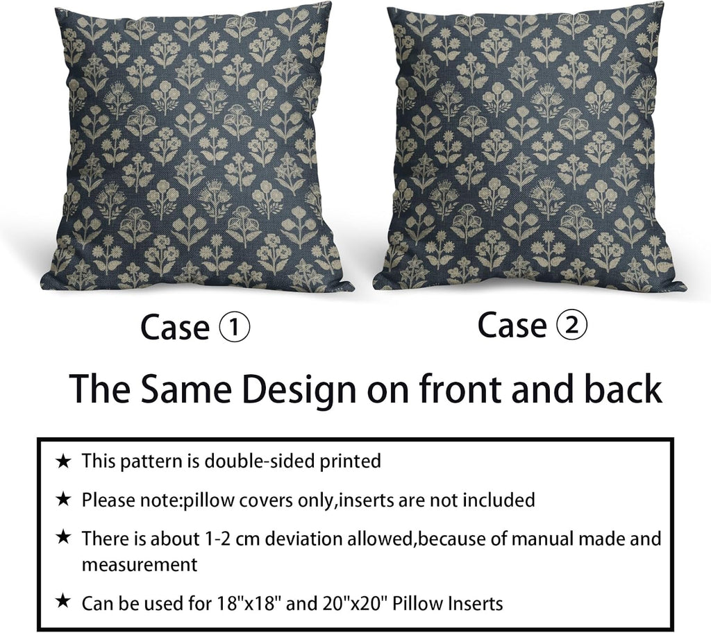 Dusty Blue Floral Block Print Pillow Covers 18x18 Inch Set of 2, Vintage Flower Pattern Decorative Throw Pillowcases Outdoor Farmhouse…