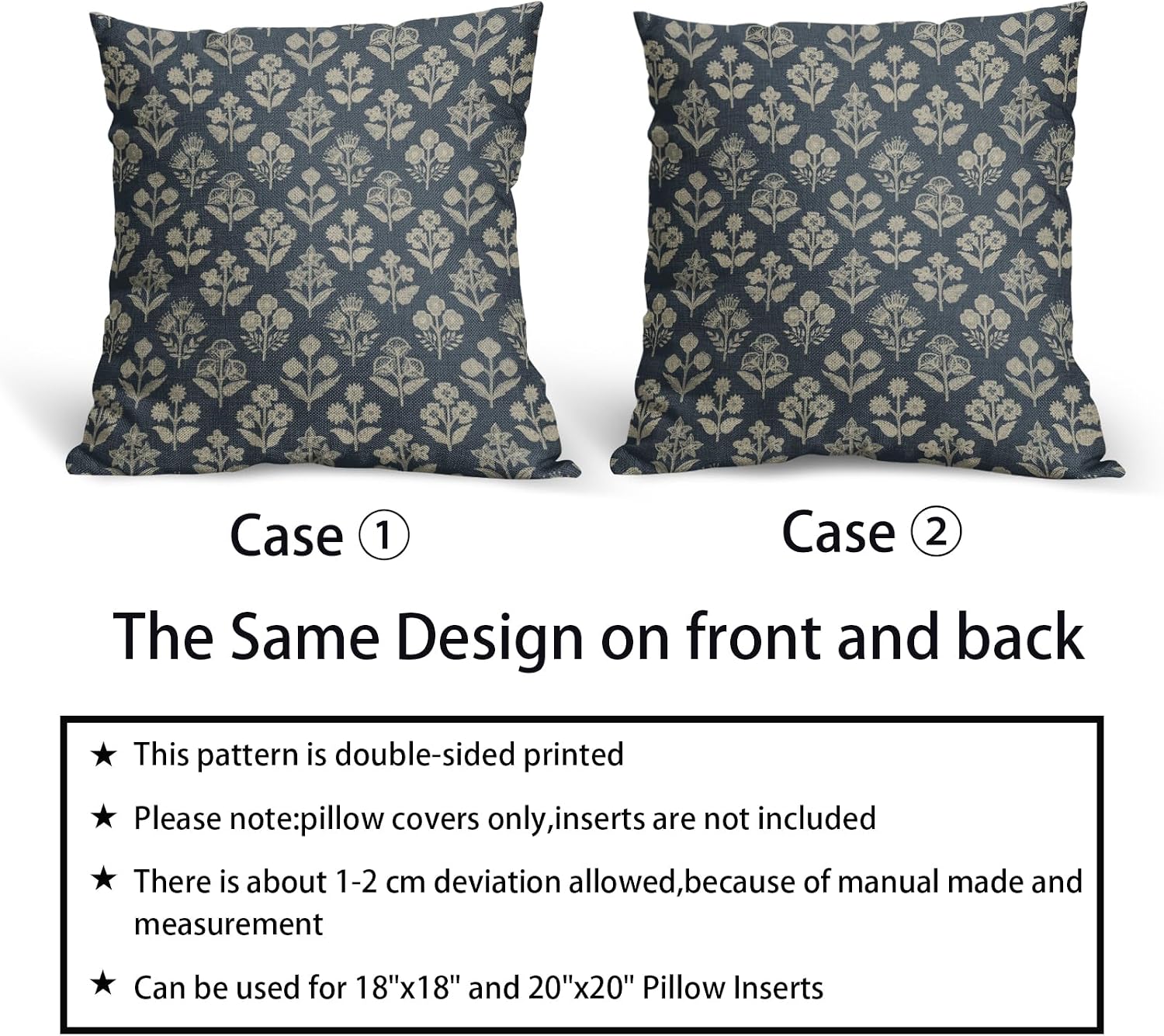 Dusty Blue Floral Pillow Covers 24x24 Inch Set of 2, Vintage Flower Block Pattern Decorative Throw Pillowcases Outdoor Farmhouse Cushion…