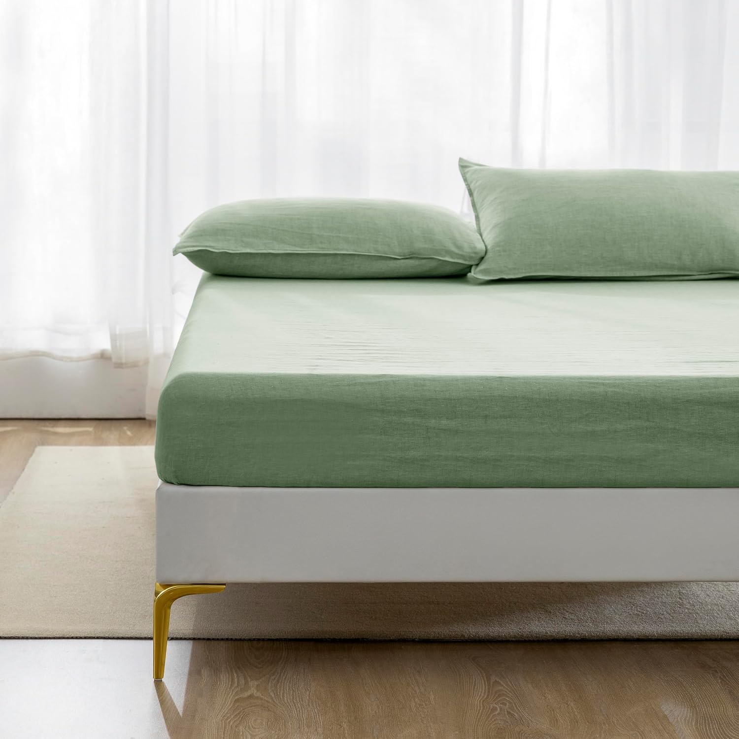 EVERLY 100% Linen Pillowcases Set of 2, Envelope Overlap Closure Natural Washed Flax Standard Queen Size 20x26 Inches - Saga Green