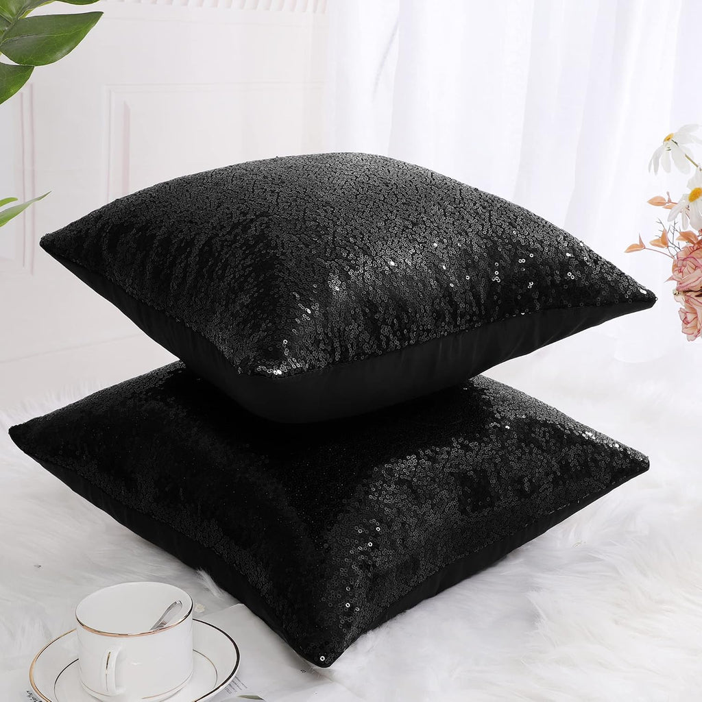 uxcell 2 Pcs Black Sequin Throw Pillow Covers, Shiny Sparkling Comfy Satin Sequin Cushion Covers, Decorative Pillowcases for…