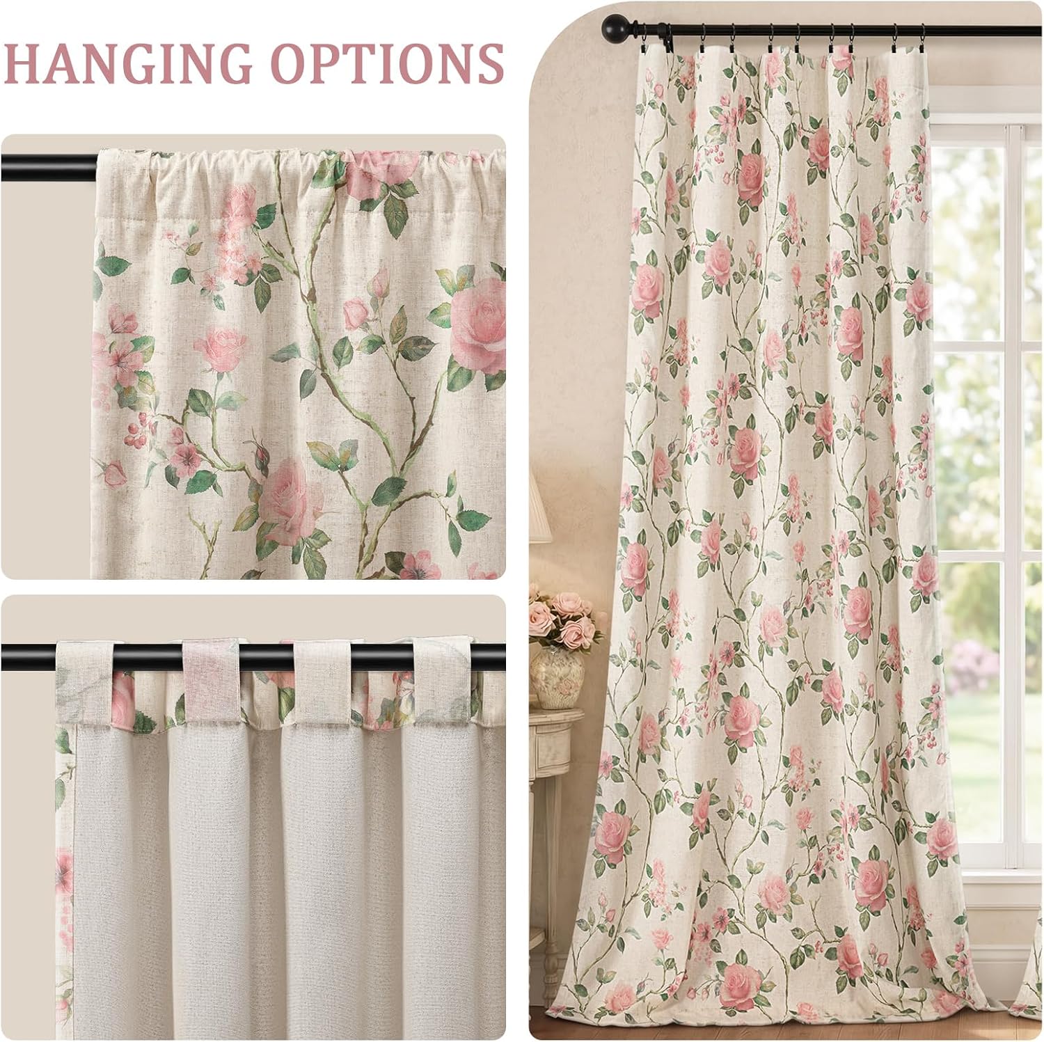 XOGUIBO Vintage Floral Blackout Curtains 84 Inch, 2 Panels Spring Linen Texture Farmhouse Drapes for Living Room Bedroom Printed Flo…
