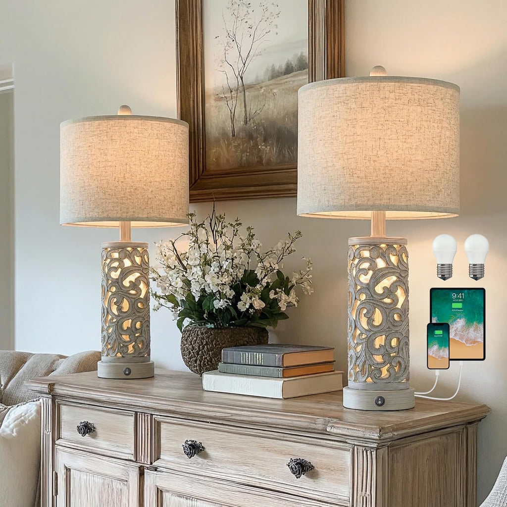 OYEARS Bedside Table Lamps Set of 2 with USB & Night Light, 22'' Farmhouse Bedroom Lamps for Nightstand, Vintage Table Lamps for Bedroom…