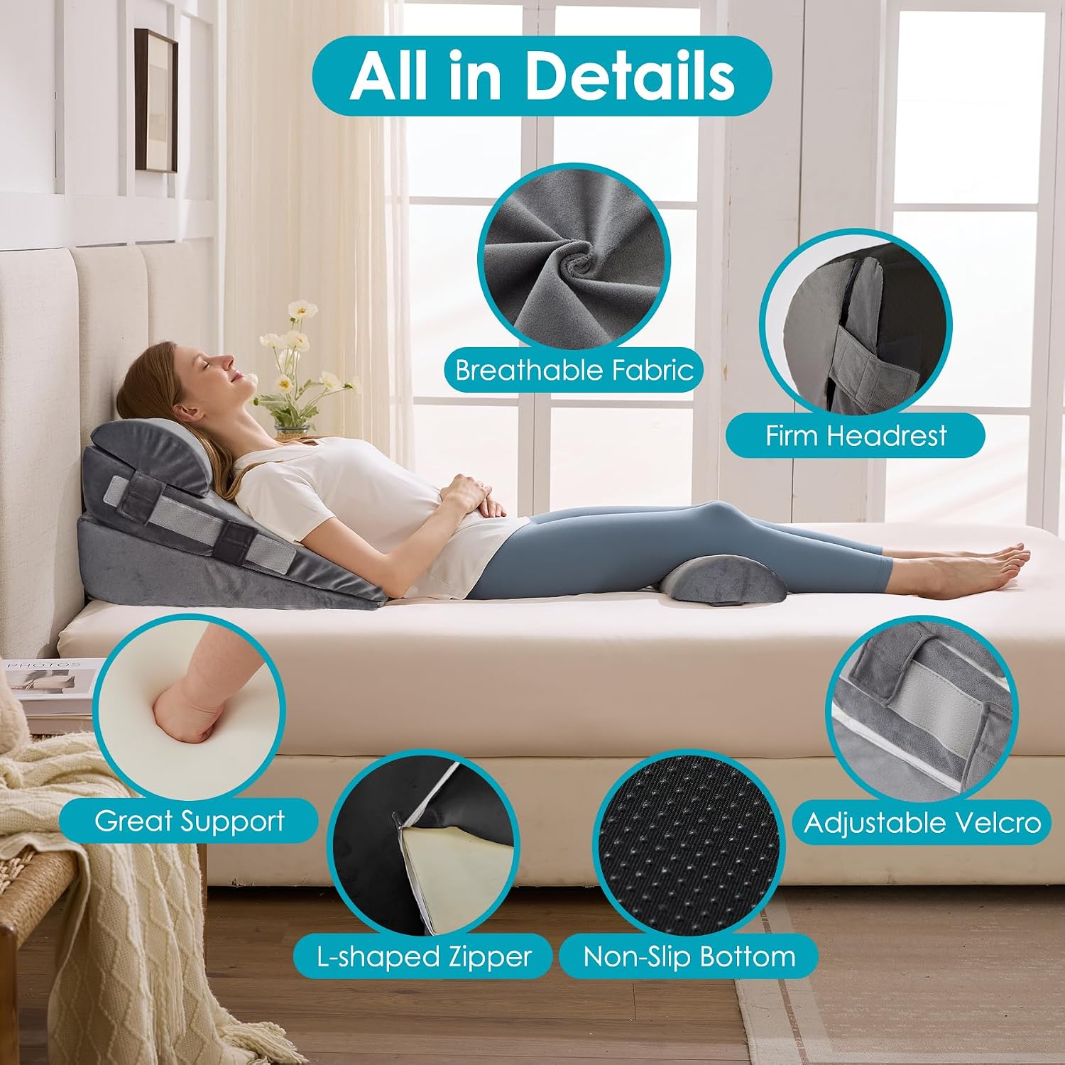 Wgakced 3Pcs Wedge Pillow Set for After Surgery, Acid Reflux Relief, Adjustable Bed Wedge Pillows for Sleeping, Anti Snore, Memory Foam Trian…