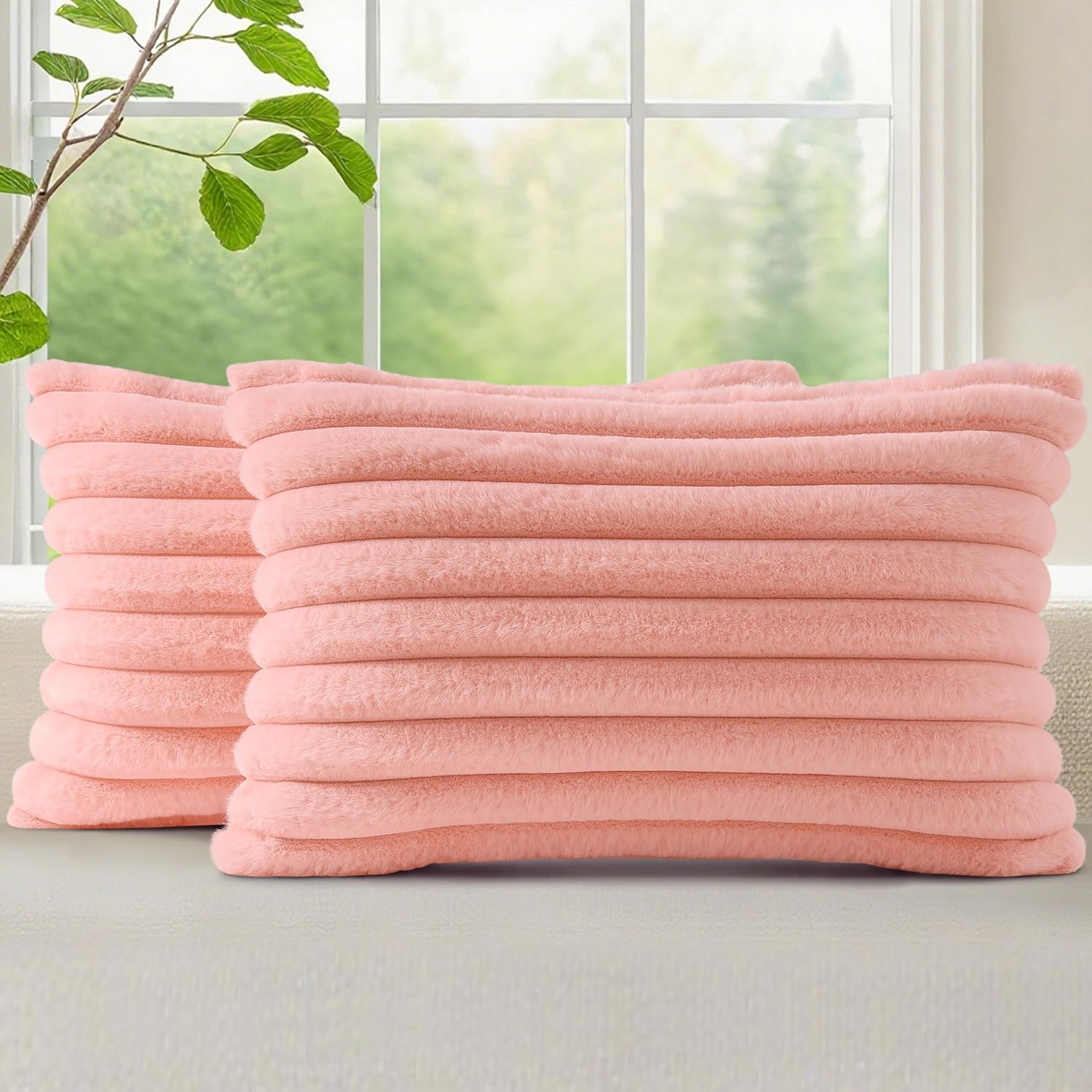 decorUhome Summer Cozy Faux Fur Throw Pillow Covers 12x20 Set of 2 Decorative Plush Striped Lumbar Modern Farmhouse Boho Couch Pillow Cases…