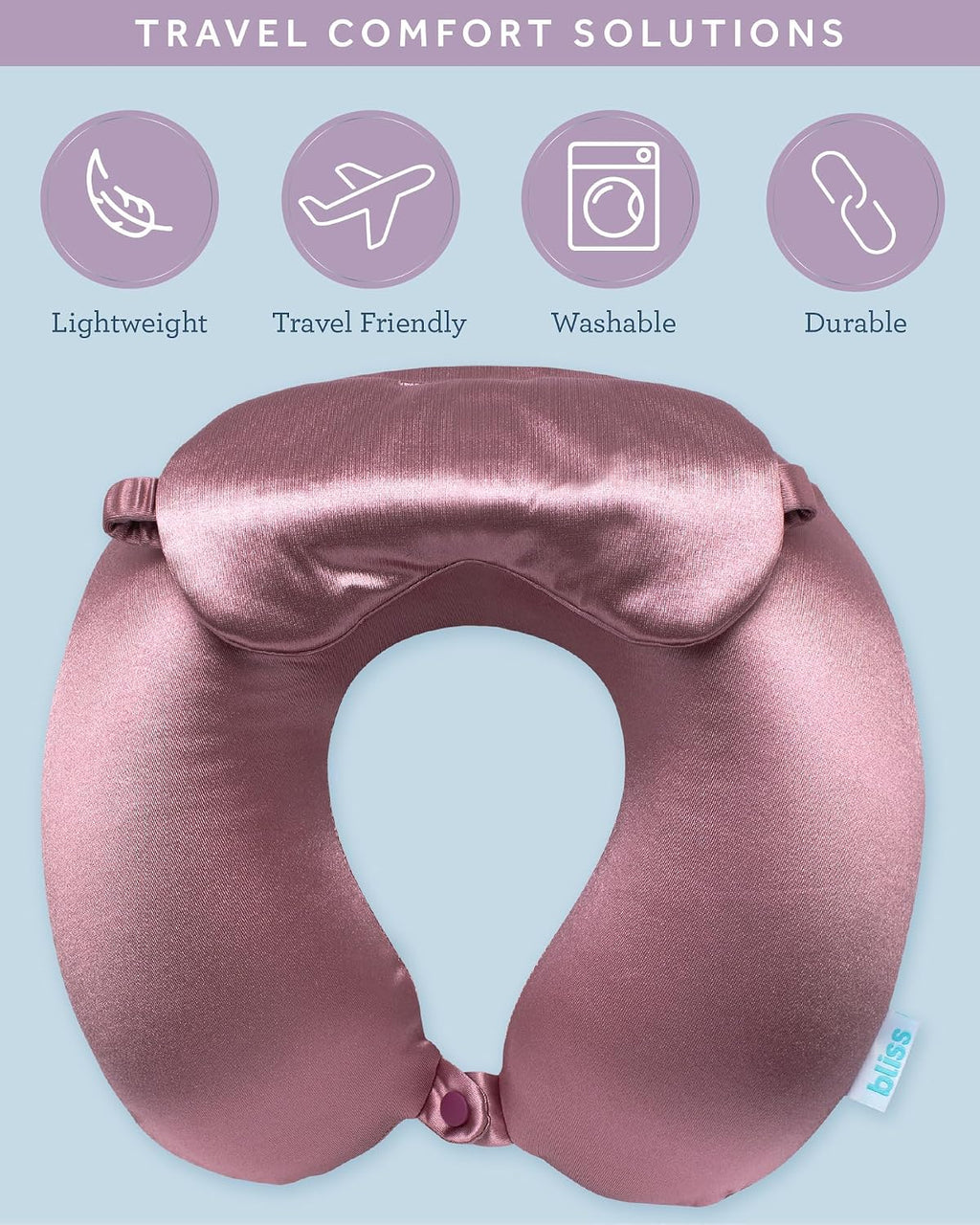 Bliss Neck Pillow Set - Lightweight U-Shaped Memory Foam Satin Travel Neck Pillow with Snap Closure and Matching Eye Mask for Airplane…