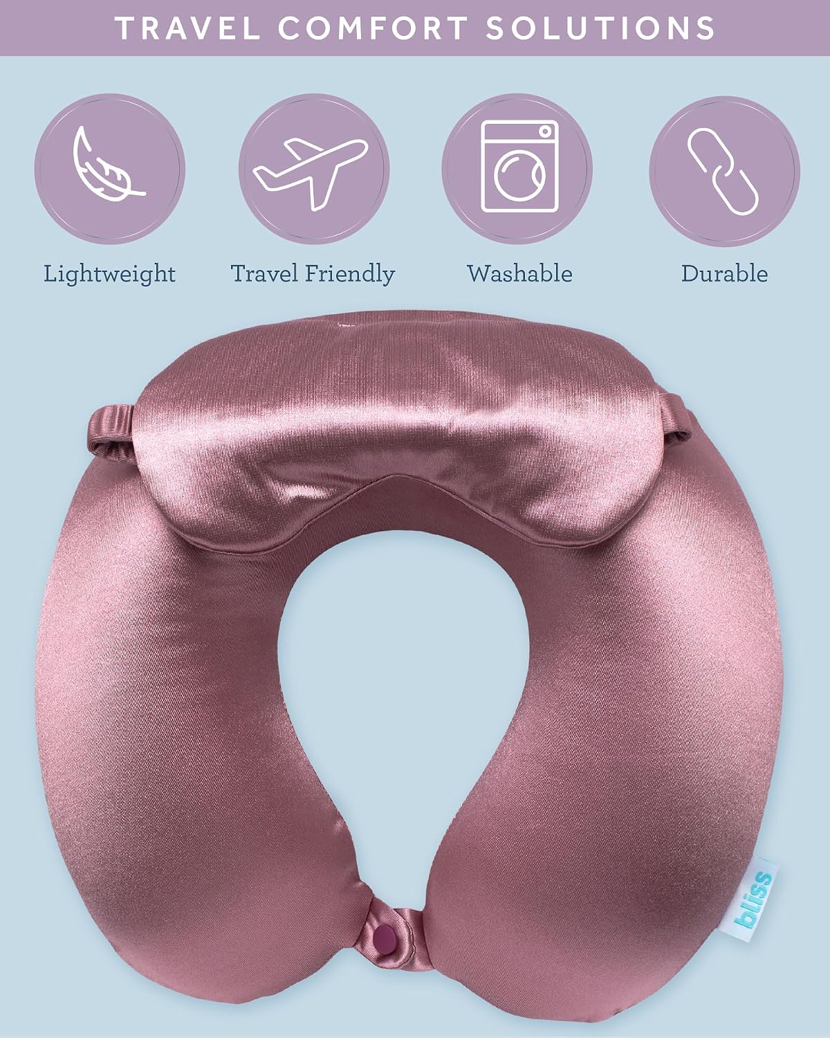 Bliss Neck Pillow Set - Lightweight U-Shaped Memory Foam Satin Travel Neck Pillow with Snap Closure and Matching Eye Mask for Airplane…