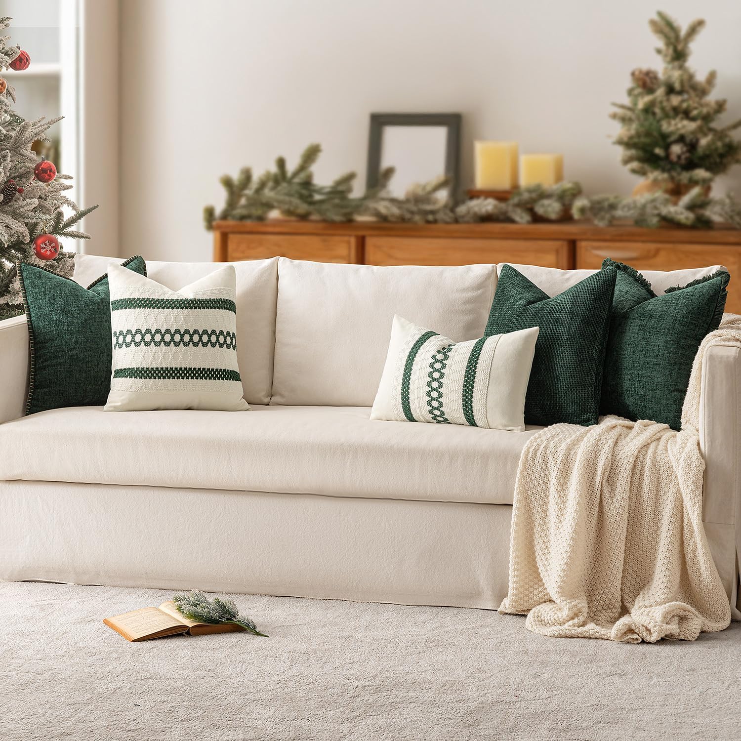 Miulee Pack of 2 Christmas Green Couch Throw Pillow Covers 18x18 Inch Modern Boho Accent Decorative Pillow Covers Soft Chenille Farmhouse C…