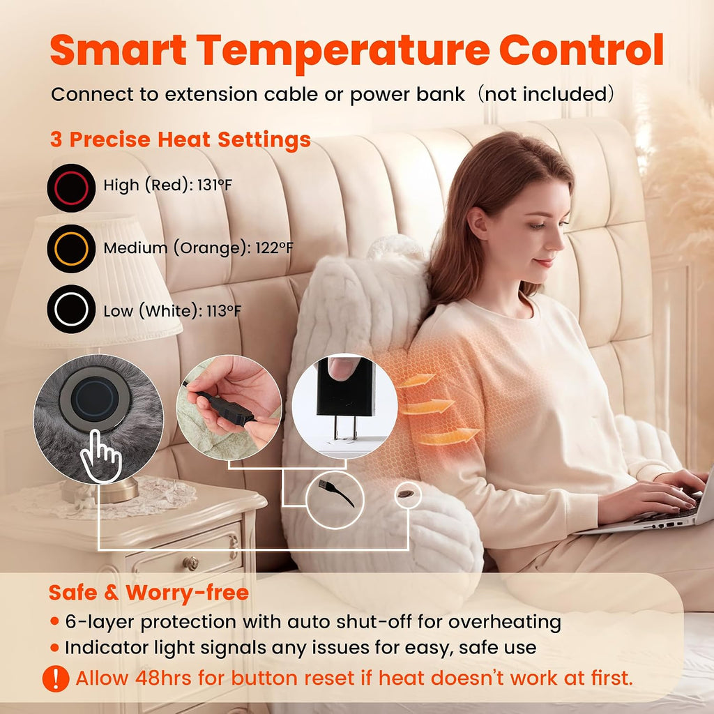 Amélie Home Heated Faux Fur Reading Pillow 3 Temperature Backrest for Sitting in Bed Support Cushion, USB-Powered(No Power Bank Included)…