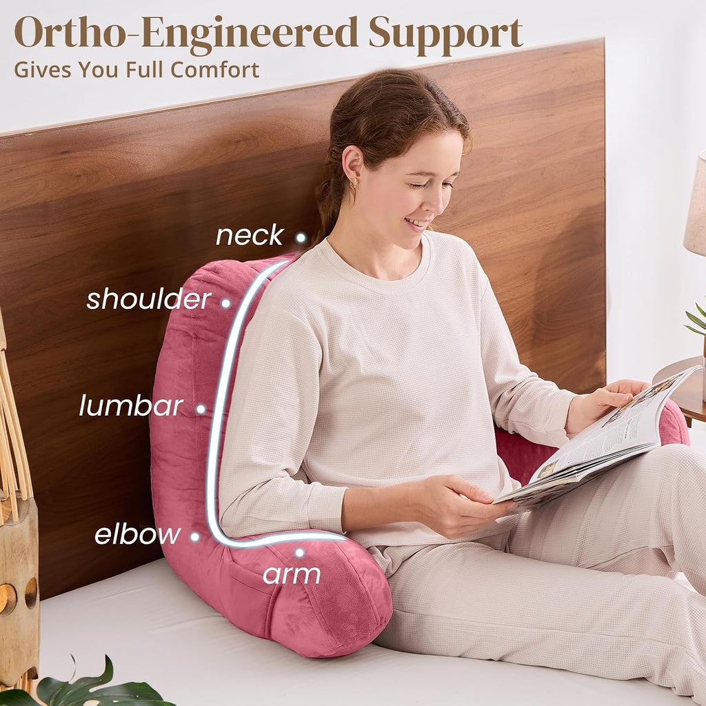 Sasttie Reading Pillow, Pillows for Reading or Relaxing – Ergonomic Support for Head, Neck, Back, and Lumbar, 21-Inch, Rose Pink Pink