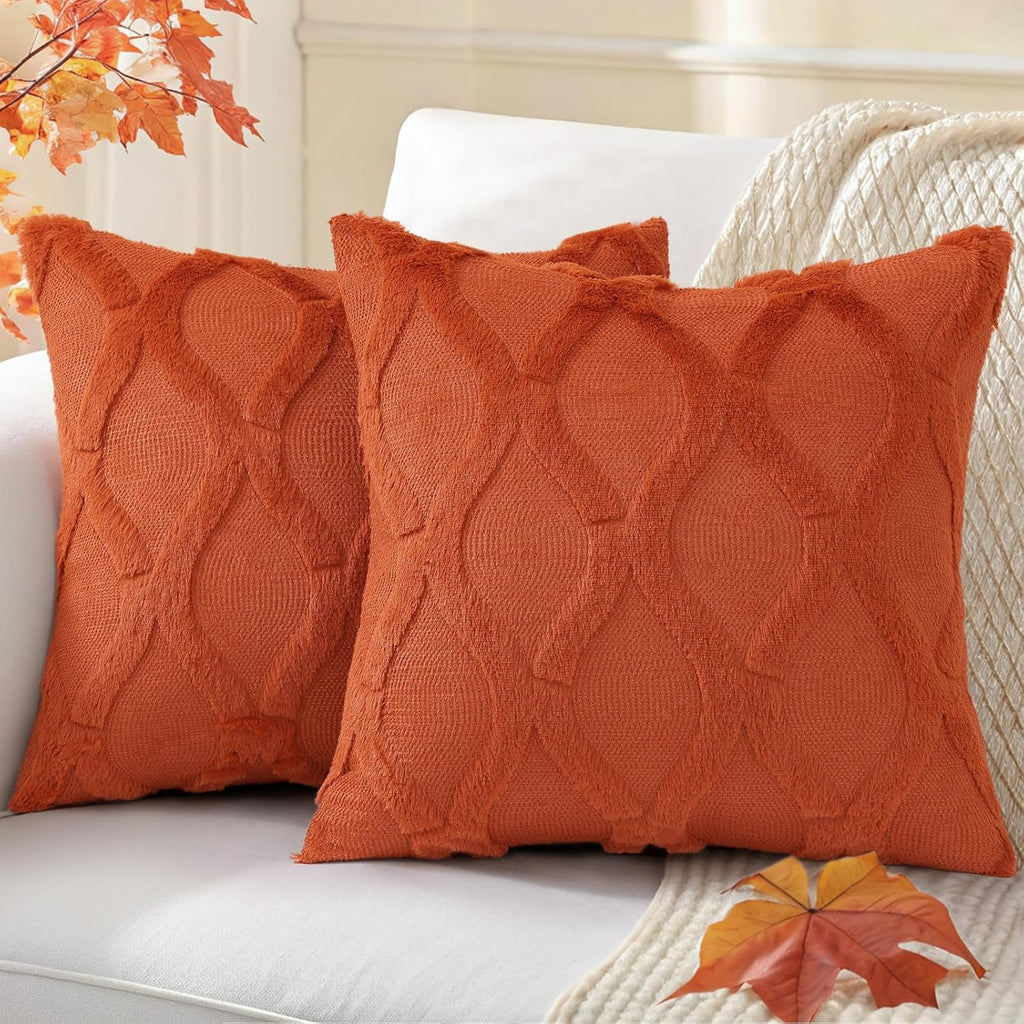 decorUhome Fall Throw Pillow Covers 18x18 Inch Set of 2, Soft Plush Faux Fur Wool Rust Couch Pillow Covers, Decorative Neutral Pillow Cases…