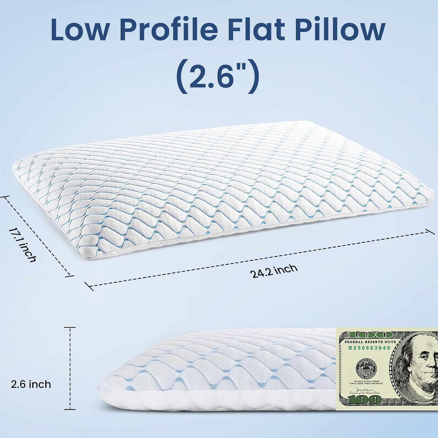 2.6" Ultra Thin Memory Foam Pillow with Cool-to-Touch Cover, Low Profile Flat Bed Pillow for Back & Stomach Sleepers, Standard Size